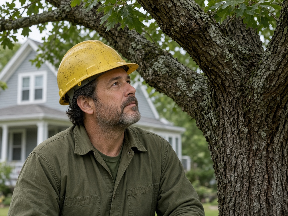 Arborist in a hard hat looking up into an oak canopy