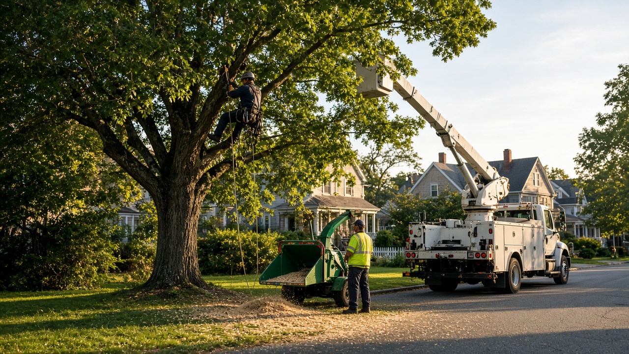 Bucket truck and climber working a mature oak on a Marshfield street