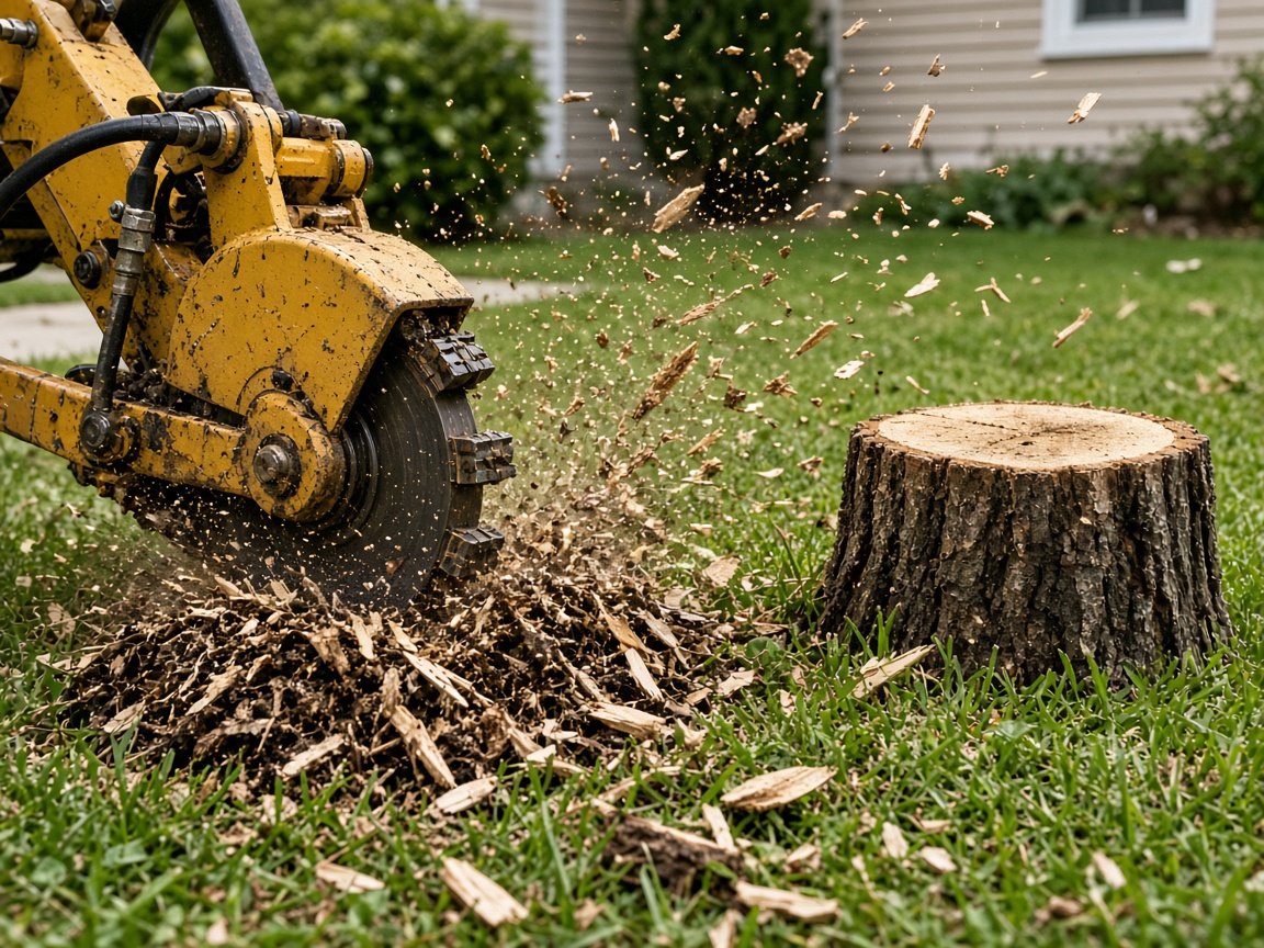 Stump grinder working a fresh stump in a residential yard
