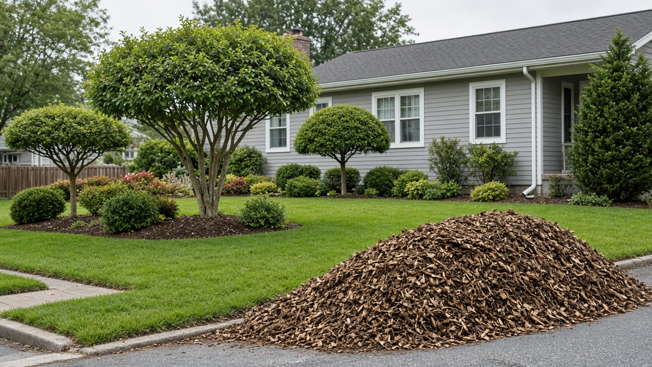 Pruned ornamental trees and a clean lawn after crew work